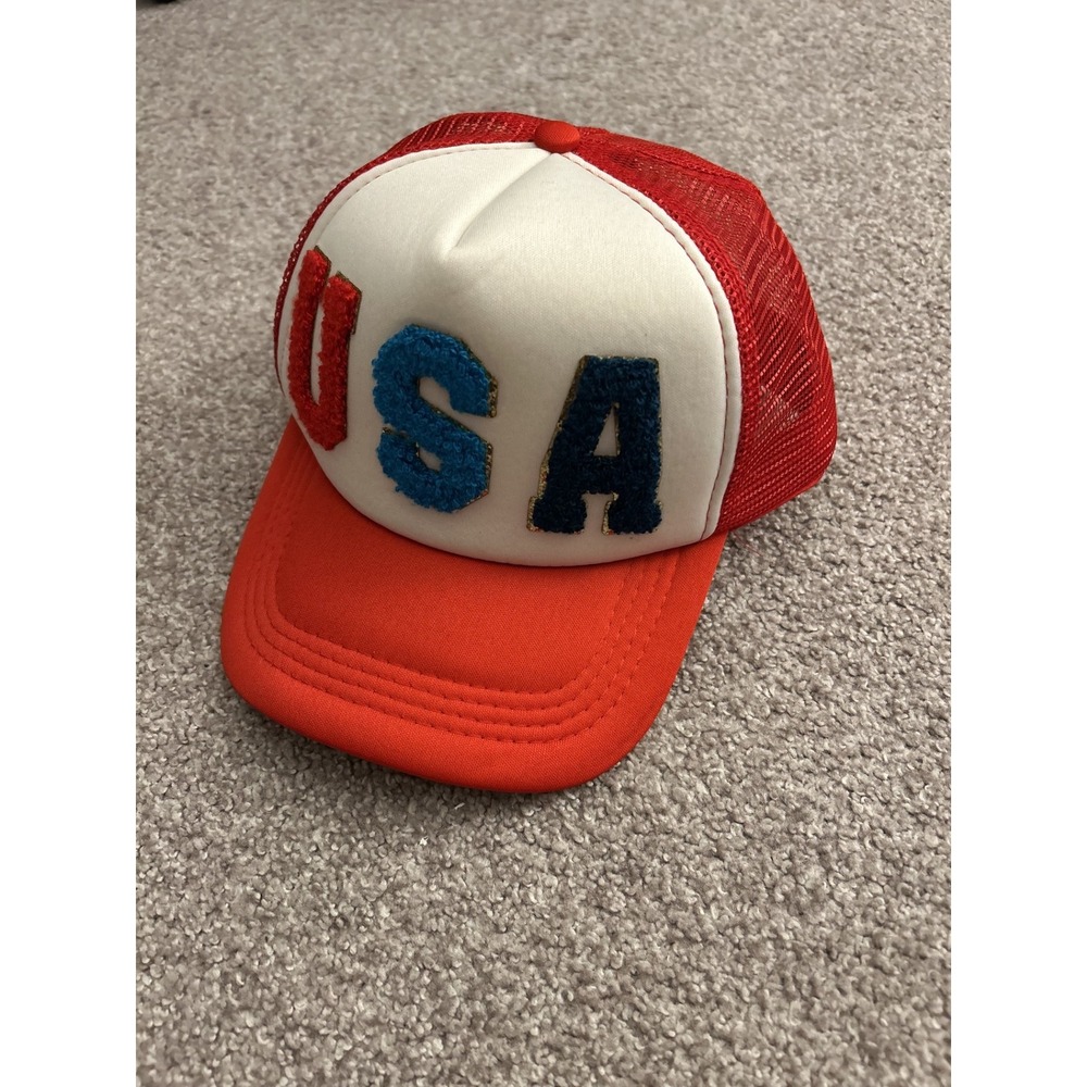 Vintage USA Trucker Hat Mens OSFM Red White Blue Excellent Chenille Patch Cap - Picture 3 of 8